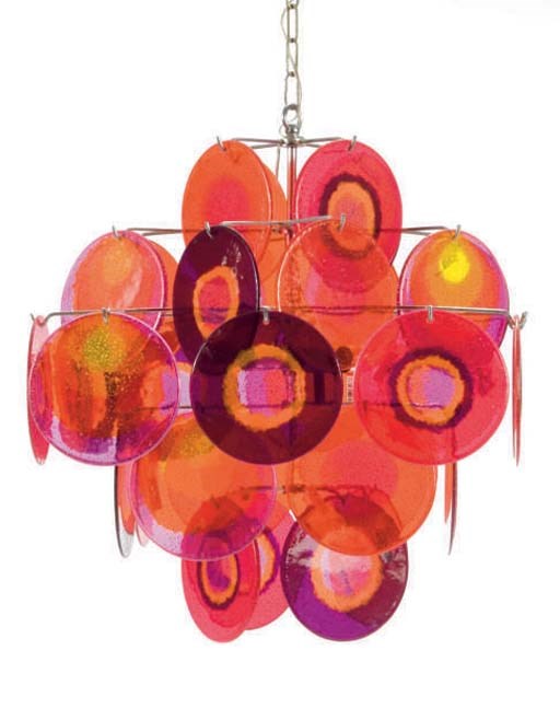A CONTEMPORARY COLORED GLASS AND CHROME HANGING LIGHT,