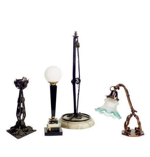 A GROUP OF FOUR ART DECO AND ART NOUVEAU STYLE TABLE LAMPS,