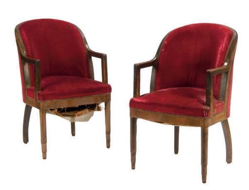 A PAIR OF WALNUT RED VELVET UPHOLSTERED BERGERES,