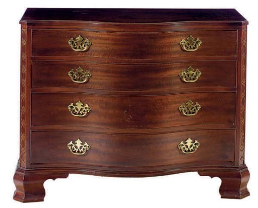 AN ENGLISH MAHOGANY SERPENTINE SHAPED CHEST OF DRAWERS,