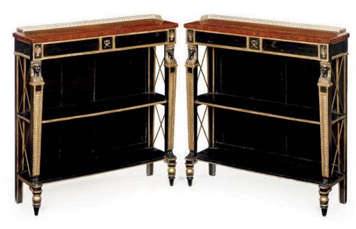 A PAIR OF REGENCY PARCEL-GILT EBONISED ROSEWOOD OPEN BOOKSHELVES**,