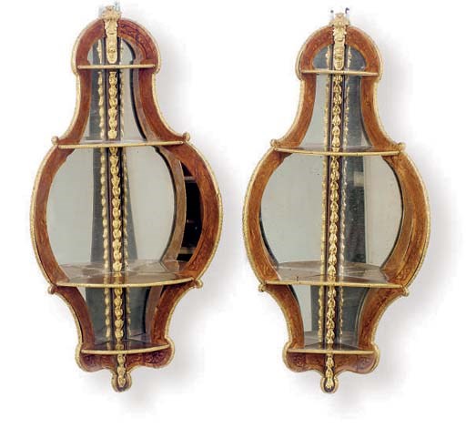 A PAIR OF FRENCH GILT-METAL KINGWOOD MARQUETRY ETAGERES,