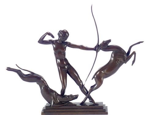 A BRONZE FIGURAL GROUP OF DIANA THE HUNTRESS WITH HOUND AND STAG,