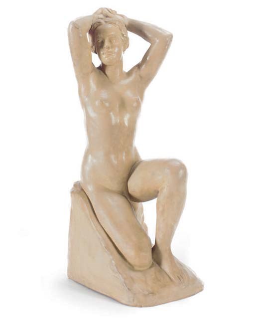 A CERAMIC SCULPTURE OF A WOMAN,