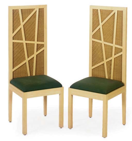 A SET OF FOUR LAMINATED WOOD HIGH BACK CHAIRS,