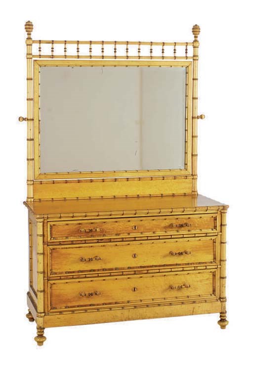 A VICTORIAN BIRD'S EYE MAPLE FAUX BAMBOO MIRRORED CHEST OF DRAWERS,