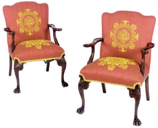A PAIR OF ENGLISH CARVED MAHOGANY OPEN ARMCHAIRS,