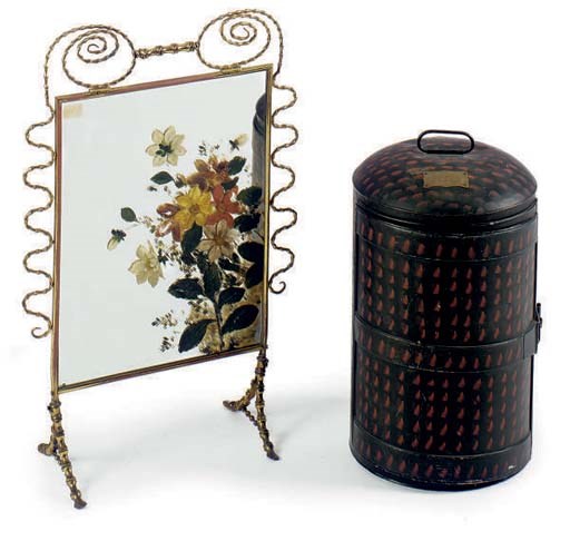 A BRASS AND PARCEL-PAINTED MIRRORED FIRESCREEN,