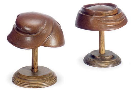 A VICTORIAN THREAD BOX AND TWO WOODEN HAT FORMS,