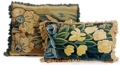 TWO VERDURE TAPESTRY CUSHIONS,