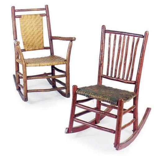 THREE ADIRONDACK ROCKING CHAIRS AND A SIMILAR ARMCHAIR,