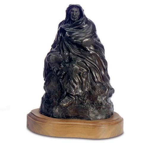 A BRONZE FIGURE OF AN ELDERLY MAN,