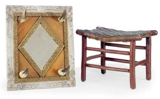 A PAINTED ADIRONDACK FOOTSTOOL AND A HORN MOUNTED MIRROR,