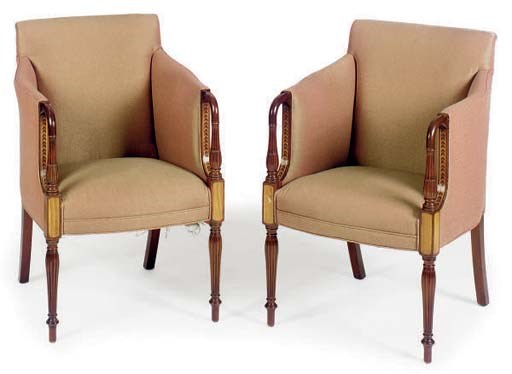 A PAIR OF INLAID MAHOGANY ARMCHAIRS,