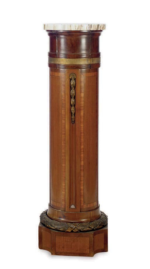 A CONTINENTAL GILT-METAL MOUNTED MAHOGANY MARBLE TOP PEDESTAL,