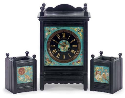 AN AMERICAN SLATE AND TILE THREE-PIECE CLOCK GARNITURE,