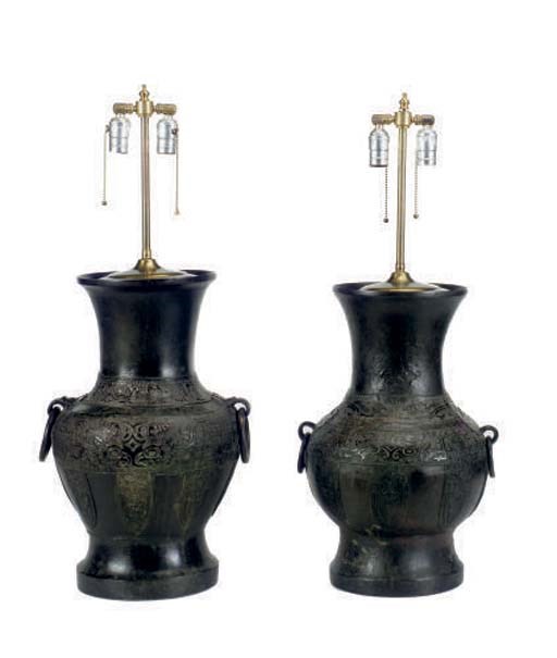 A PAIR OF CHINESE BRONZE JARS MOUNTED AS LAMPS,
