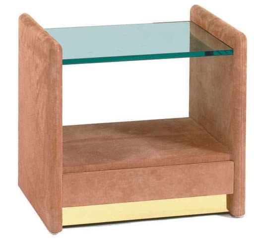 A PAIR OF SUEDE UPHOLSTERED SIDE TABLES WITH GLASS TOP,