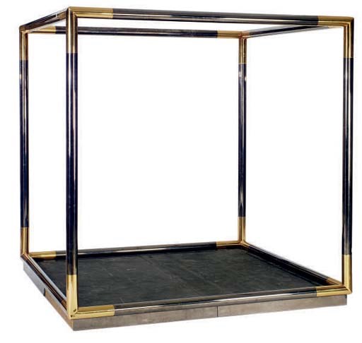 A CONTEMPORARY BRASS AND STEEL FOUR POSTER BED,