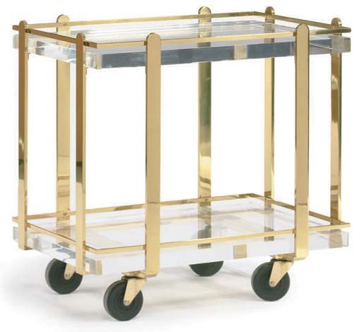 A LUCITE AND BRASS TWO TIER BAR CART,