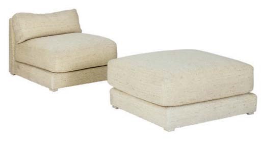 A CONTEMPORARY BEIGE UPHOLSTERED CLUB CHAIR WITH THREE OTTOMANS,