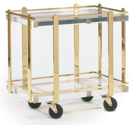A LUCITE AND BRASS TWO TIER BAR CART,