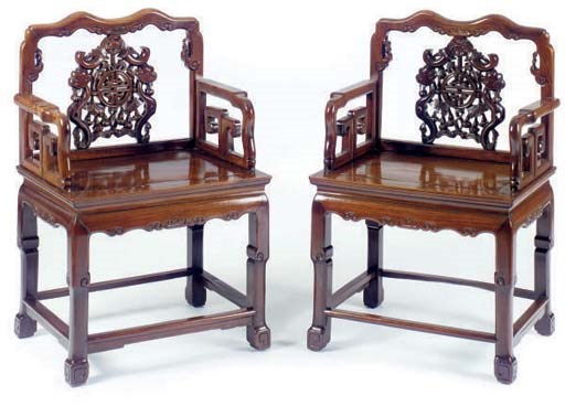 A PAIR OF CHINESE CARVED HARDWOOD ARMCHAIRS,