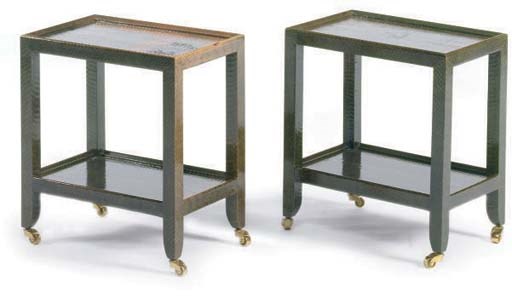 A PAIR OF SNAKESKIN VENEERED LOW TABLES,