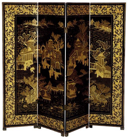 A CHINESE EXPORT FOUR PANEL FLOOR SCREEN,