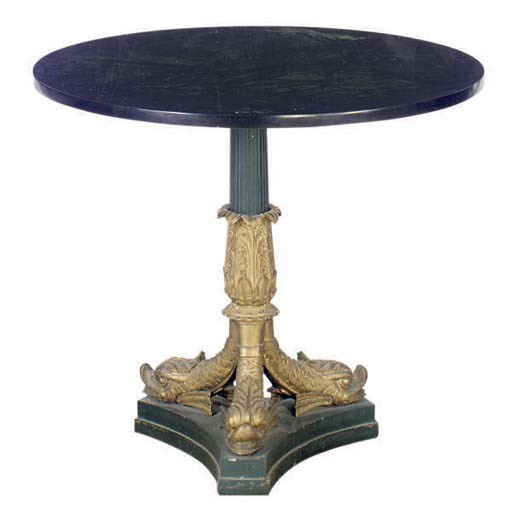 A GILT-BRONZE CIRCULAR CENTRE TABLE WITH BLACK GRANITE TOP,