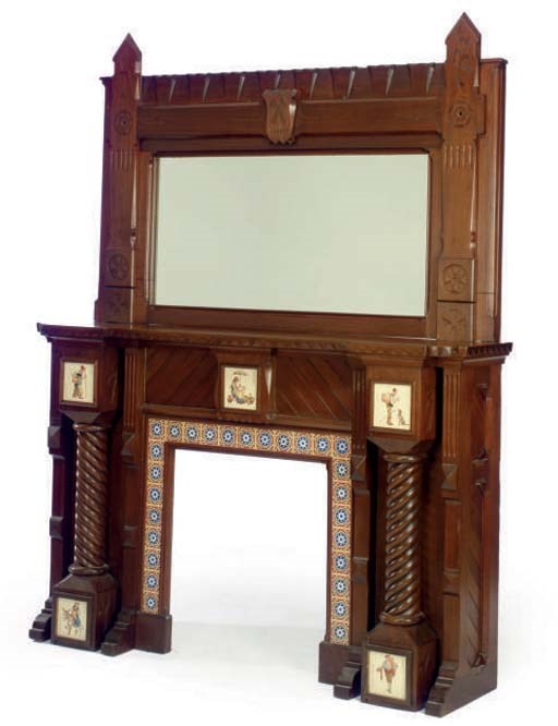 AN AMERICAN CARVED WALNUT AND TILE INSET MANTLEPIECE,