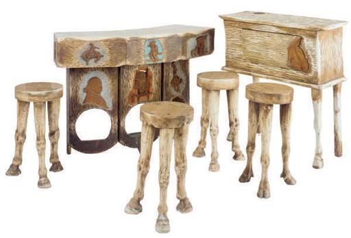 A SET OF CARVED AND PAINTED PINE WESTERN STYLE FURNITURE,