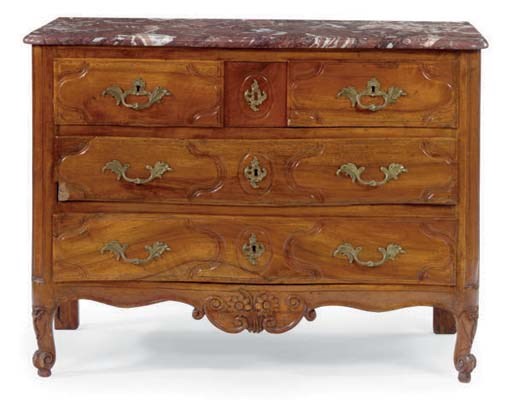 A LOUIS XV PROVINCIAL BEECHWOOD, WALNUT AND FRUITWOOD COMMODE,