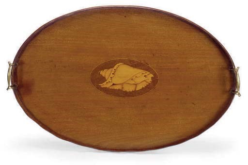 AN ENGLISH MAHOGANY AND SATINWOOD INLAID OVAL TRAY,