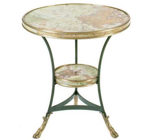A PAIR OF GILT BRONZE MARBLE TOP GUERIDONS,