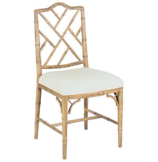 A PAIR OF FAUX BAMBOO CREAM UPHOLSTERED SIDE CHAIRS,