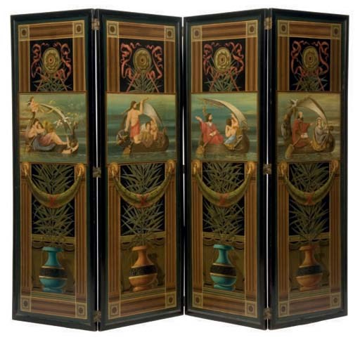 A FOUR PANEL PAINTED SCREEN,