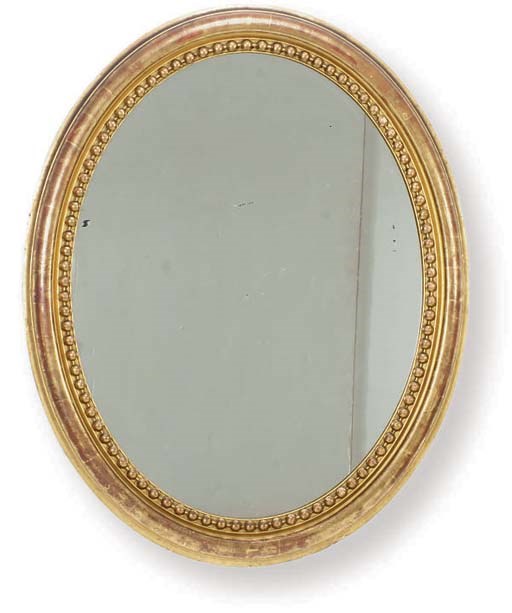 A FRENCH GILTWOOD OVAL OVERMANTEL MIRROR,