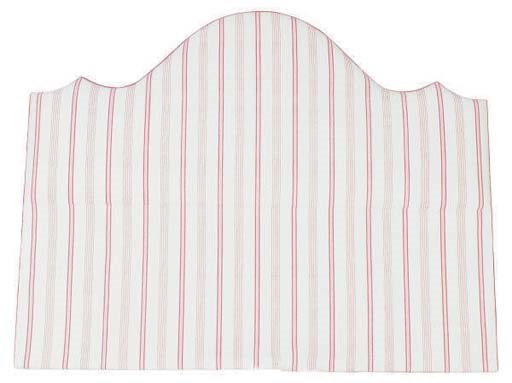 A RED AND WHITE STRIPED LINEN WITH SUEDE BORDER SHAPED HEADBOARD,