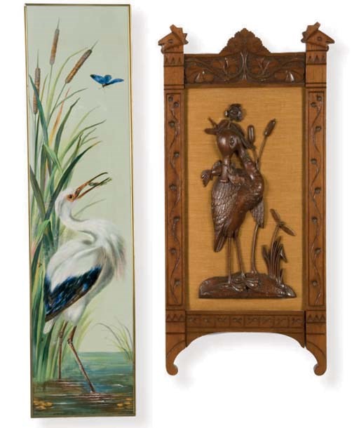 AN AMERICAN CARVED WALNUT HERON PLAQUE TOGETHER WITH A MINTON HOLLINS & CO. HERON TILE,