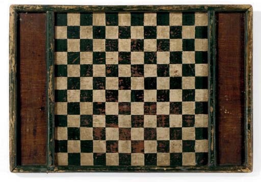 AN AMERICAN GREEN AND WHITE-PAINTED CHECKER GAMEBOARD,