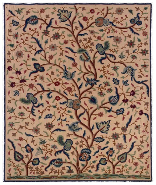 A PAIR OF CREWELWORK BED COVERS,