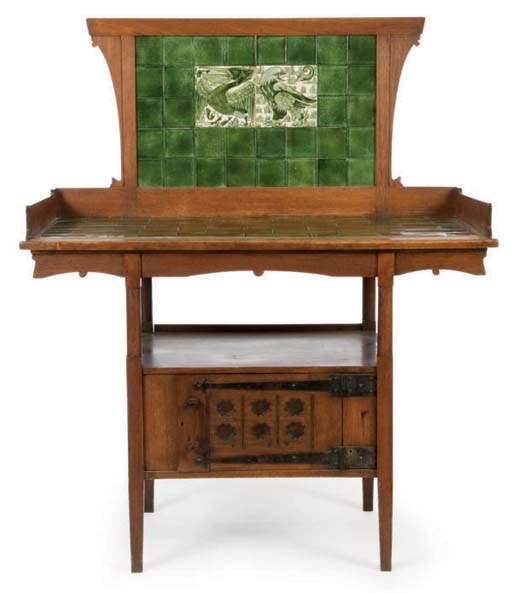 AN ENGLISH ARTS AND CRAFT OAK AND TILE-INSET WASHSTAND,