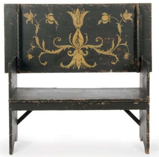 A FLORAL PAINTED AND EBONZIED SETTLE TABLE,