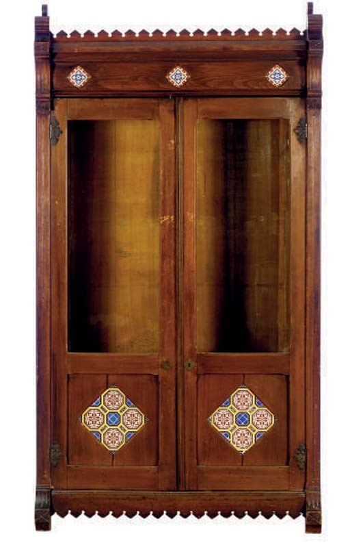 AN AMERICAN TILE-INSET WALNUT VITRINE CABINET,