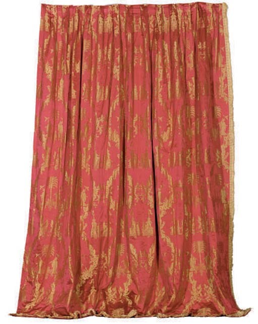 THREE PAIRS OF RED CHINOISERIE MOTIF SILK CURTAINS,