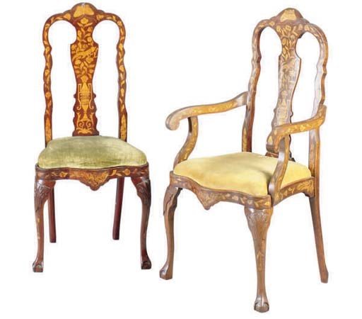 A SET OF TEN NEAR MATCHING DUTCH MARQUETRY DINING CHAIRS,