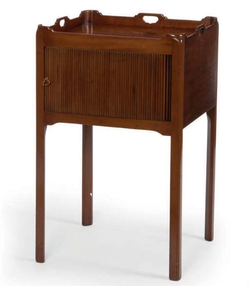 AN ENGLISH MAHOGANY BEDSIDE TABLE,