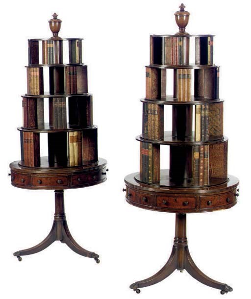 A PAIR OF ENGLISH MAHOGANY BOOK TURRETS,