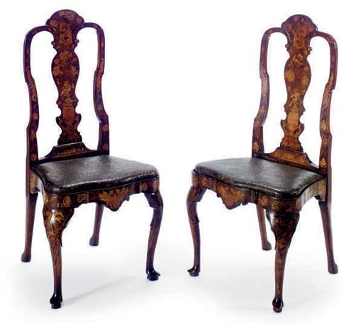 A PAIR OF DUTCH WALNUT AND FLORAL MARQUETRY CHAIRS,